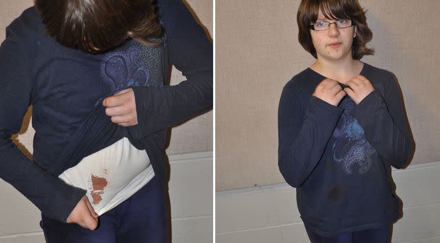 Police photos of Anissa Weier show she had blood on her under shirt when her and Morgan Geyser were picked up by police. Source: Waukesha Police Department.