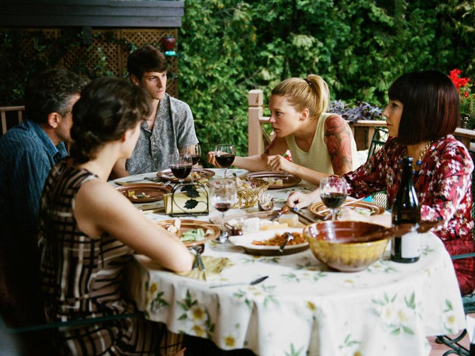 A scene from 'It's Only The End of the World': Seydoux (centre) as Suzanne holding court at a family dinner sitting next to Nathalie Bayer (right), Gaper Ulliard (left) and Vincent Cassel and Marion Cotillard