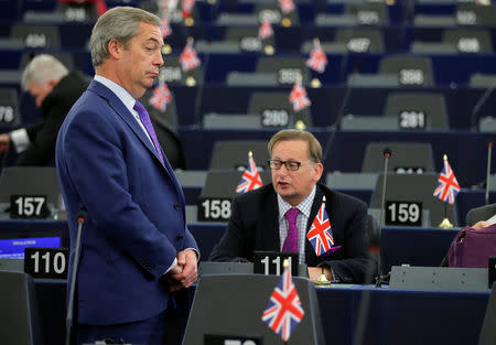 Nigel Farage, United Kingdom Independence Party (UKIP) member and MEP, waits for the start of a debate on Brexit priorities and the upcomming talks on the UK's withdrawal from the EU, at the European Parliament in Strasbourg, France, April 5, 2017. REUTERS/Vincent Kessler