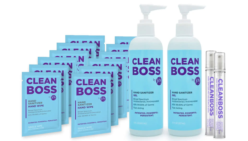 The CleanBoss hand sanitizer set includes two gel bottles (each 8 fl. oz.), two mist spray pens (each 8 ml.). and 12 individual hand wipes. (Photo: HSN)