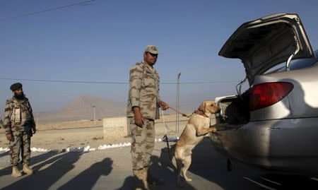 A soldier and his dog search cars traveling at a checkpoint on the main highway outside Quetta, Pakistan November 30, 2015. REUTERS/Naseer Ahmed