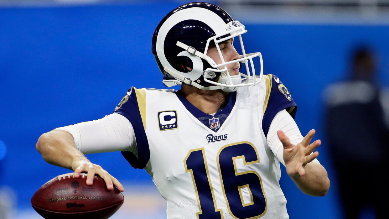 Mandatory Credit: Photo by Duane Burleson/AP/REX/Shutterstock (10050933v)Los Angeles Rams quarterback Jared Goff (16) passes the ball against the Detroit Lions during the second half of an NFL football game, in DetroitRams Lions Football, Detroit, USA - 02 Dec 2018.