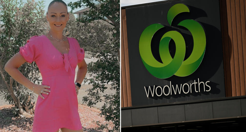 Woman stands in a pink dress (left) Woolworths sign and logo (right).