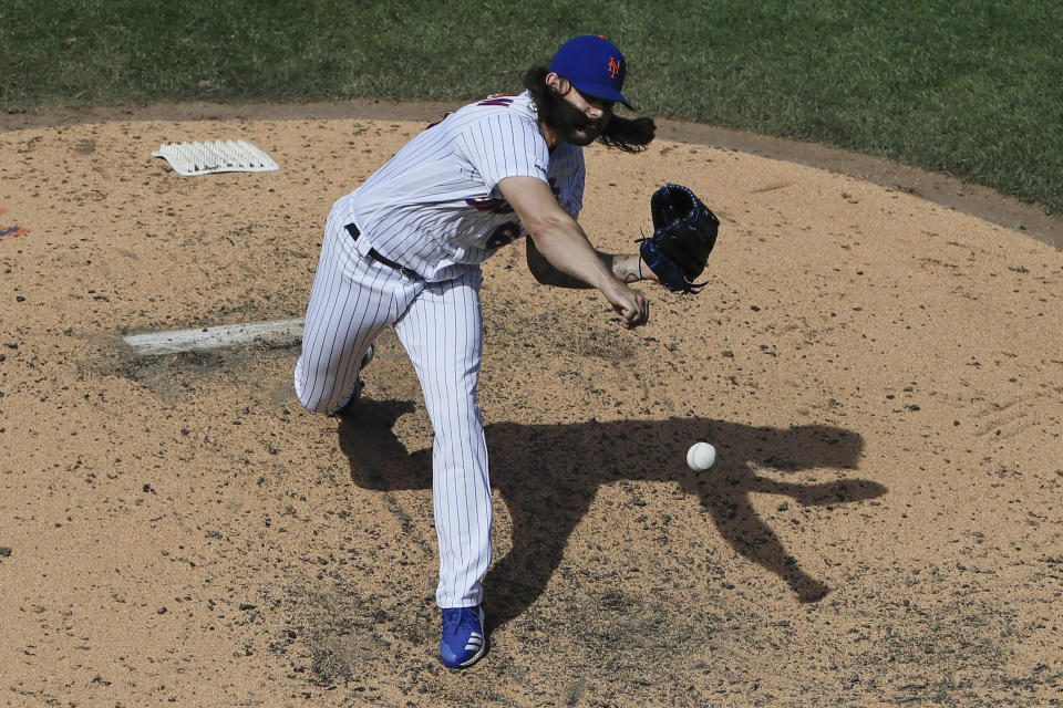 New York Mets' Robert Gsellman delivers a pitch during the seventh inning of a baseball game against the Washington Nationals, Sunday, Aug. 11, 2019, in New York. (AP Photo/Frank Franklin II)