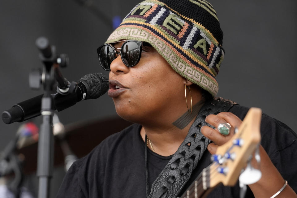 Meshell Ndegeocello performs during the Newport Jazz Festival, Sunday, Aug. 4, 2024, in Newport, R.I. (AP Photo/Steven Senne)