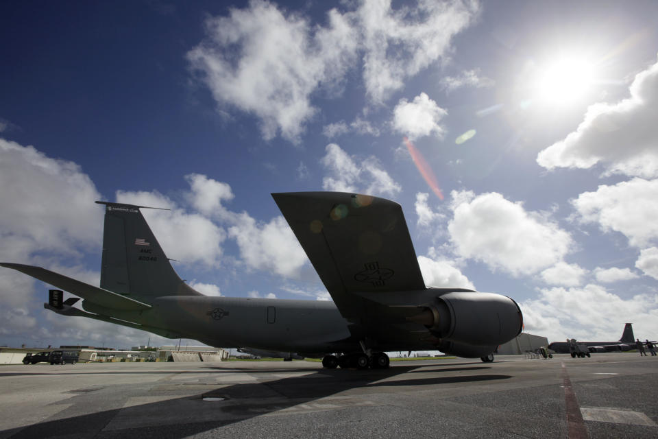 In this Aug. 14, 2012 photo, a U.S. Air Force KC-135 Stratotanker sits on the tarmac at Kadena Air Base on Japan's southwestern island of Okinawa. For decades, the U.S. Air Force has grown accustomed to such superlatives as unrivaled and unbeatable. Now some of its key aircraft are being described with terms like decrepit. (AP Photo/Greg Baker)