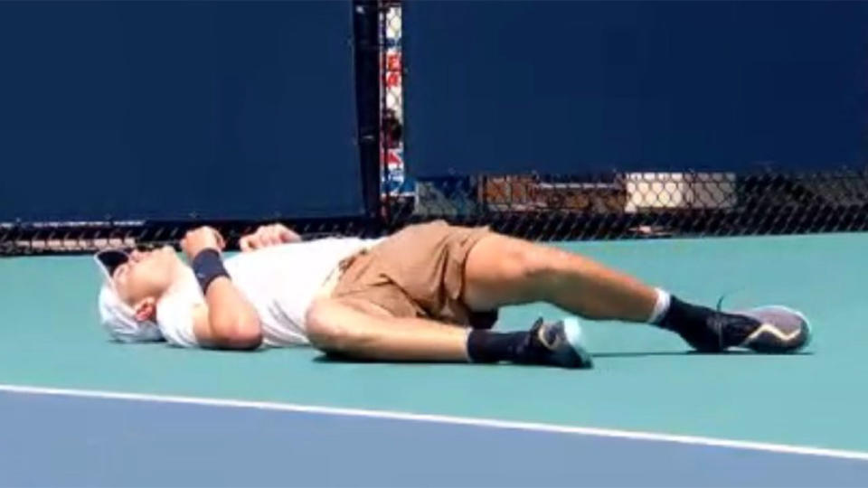 Pictured here, Jack Draper lies on the Miami court after becoming dizzy during his match.