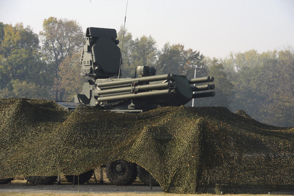 In this photo provided by the Serbian Presidential Press Service, Russian air defense system Pantsyr S display during joint air defense drills at the military airport Batajnica, near Belgrade, Serbia, Friday, Oct. 25. 2019. Serbian President Aleksandar Vucic visited Friday a military airport near Belgrade, saying he was impressed by what the Russian air defense systems can do. (Serbian Presidential Press Service via AP)