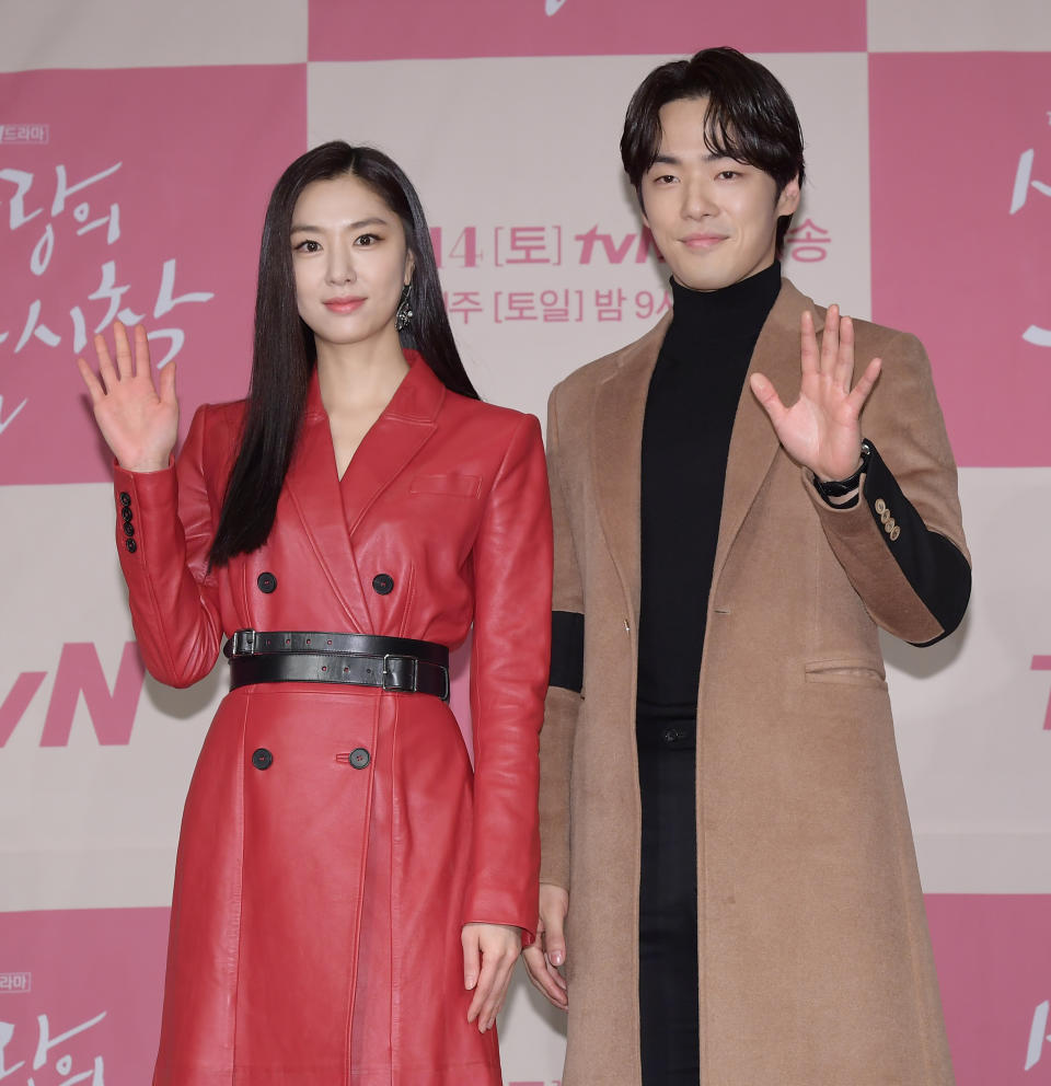 SEOUL, SOUTH KOREA - DECEMBER 09: Actress Seo Ji-Hye and actor Kim Jung-Hyun during a press conference of tvN drama 'Crashing Landing On You' at Four Seasons Hotel on December 09, 2019 in Seoul, South Korea. (Photo by The Chosunilbo JNS/Imazins via Getty Images)