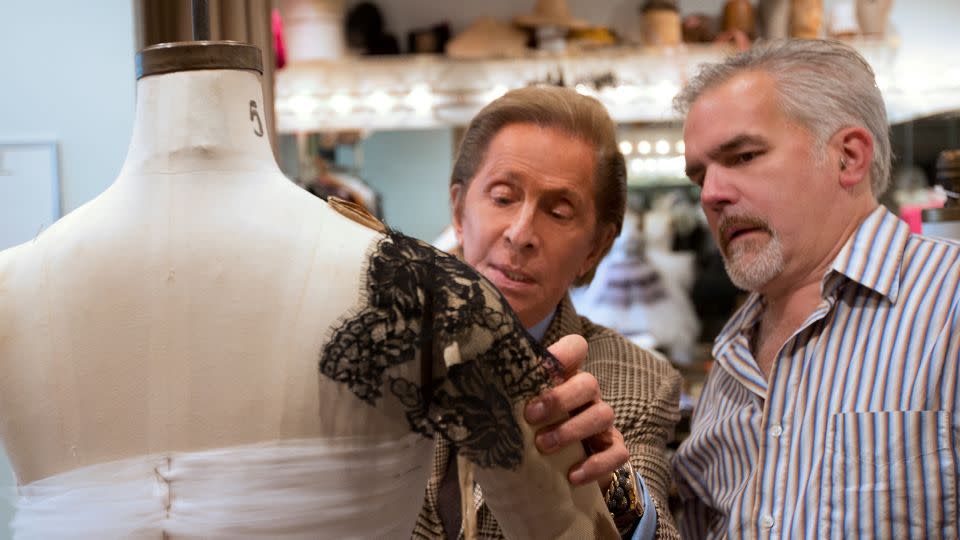 Happel (right) pictured with fashion designer Valentino Garavani in the New York City Ballet's costume studio amid preparations for the 2012 Fall Fashion Gala. - Paul Kolnik/Paul Kolnik