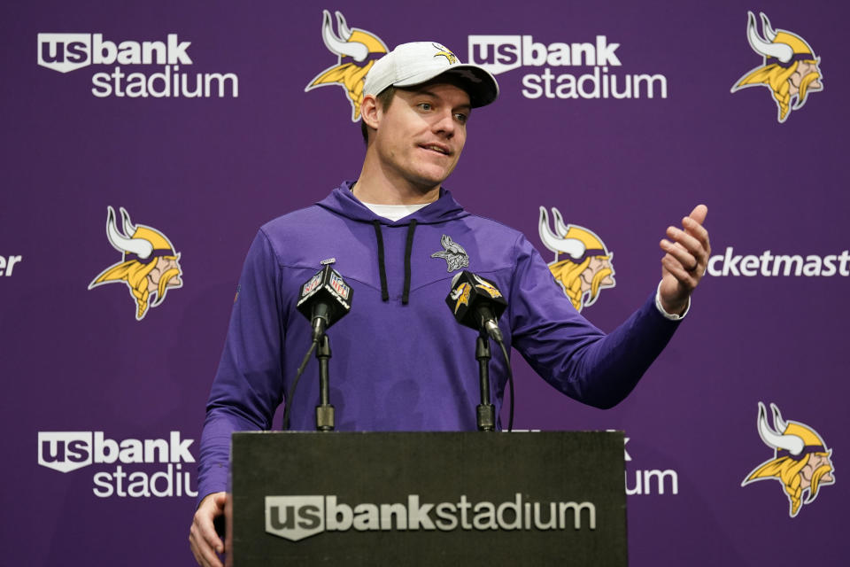 Minnesota Vikings head coach Kevin O'Connell speaks to the media after a win over the New York Giants, Saturday, Dec. 24, 2022, in Minneapolis. (AP Photo/Abbie Parr)