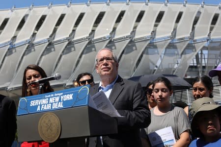 New York City Comptroller Scott Stringer speaks during news conference outside the USTA National Tennis Center at Flushing Meadows Corona Park in the Queens borough of New York