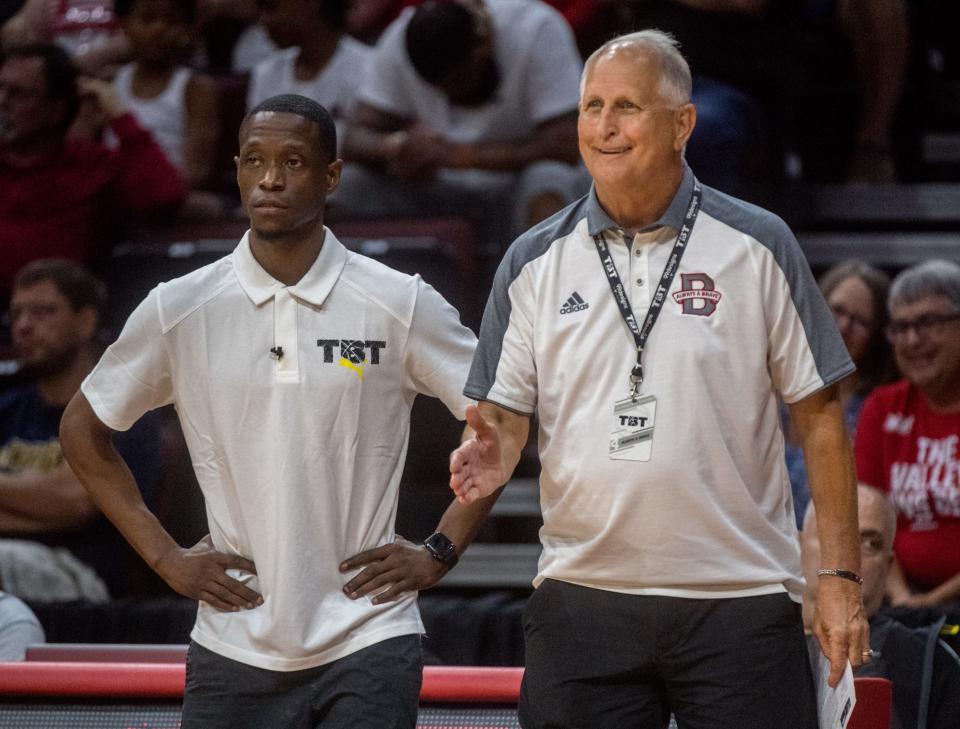 Always A Brave assistant coach and former Peoria High School head coach Chuck Buescher, right, and Always A Brave head coach and current Peoria High School head coach Daniel Ruffin direct their team against the Chicago Hoopville Warriors in the first round of The Basketball Tournament on Saturday, July 24, 2021 at Carver Arena in Peoria.