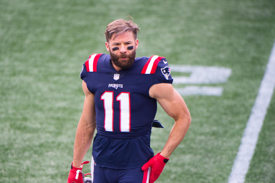 FOXBOROUGH, MA - OCTOBER 25: Julian Edelman #11 of the New England Patriots prior to the start of the game against the San Francisco 49ers at Gillette Stadium on October 25, 2020 in Foxborough, Massachusetts. (Photo by Kathryn Riley/Getty Images)