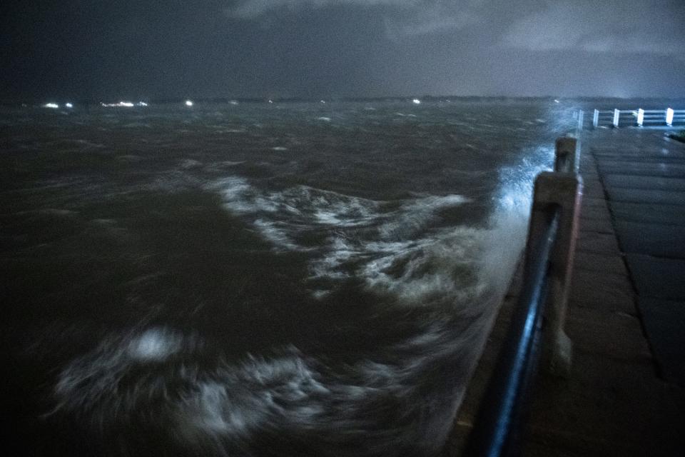 Strong wind and rain crashed waves into the breakwall at the Battery in Charleston,  South Carolina, overnight on Thursday.