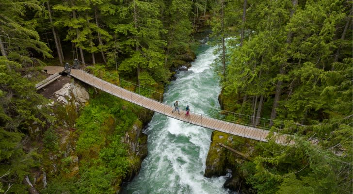 Hikers walk across the bridge over the river. 