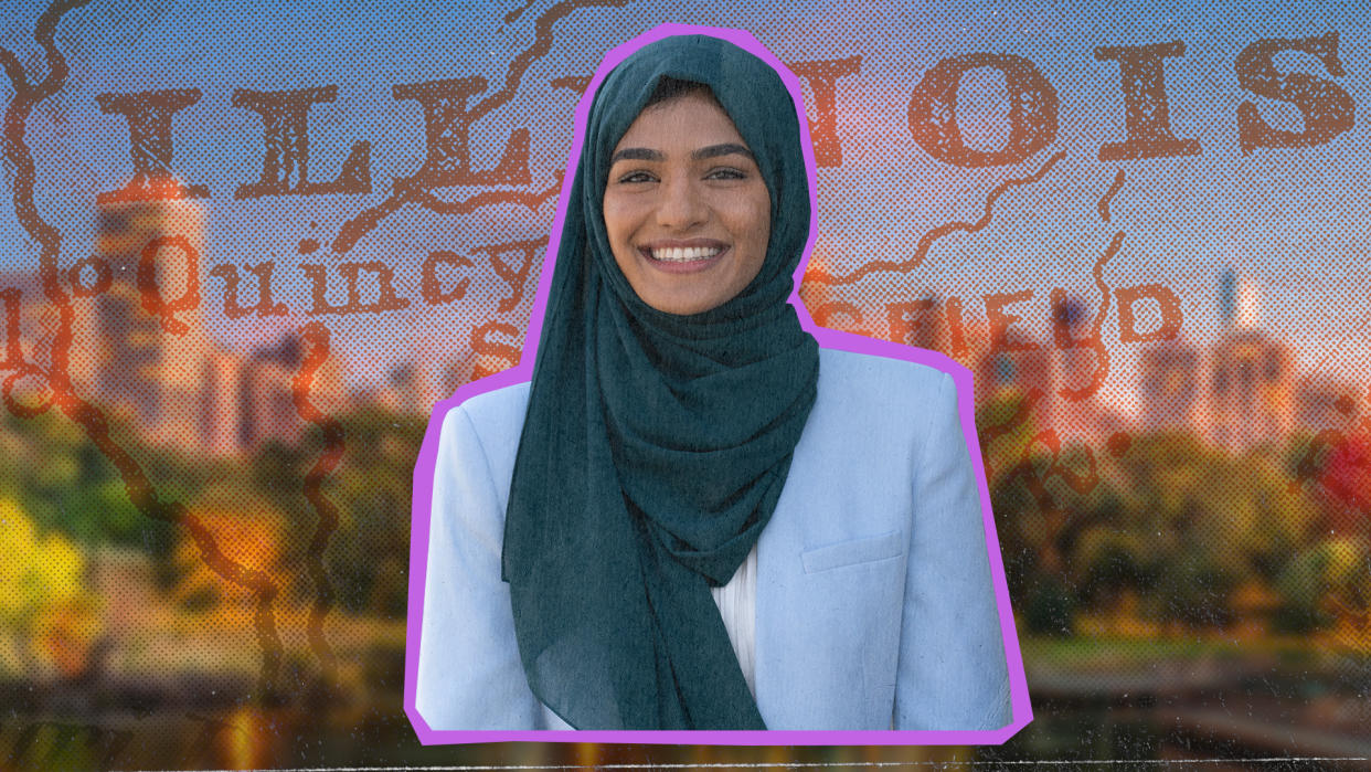 a cut out photo of Nabeela Syed with a map in the background