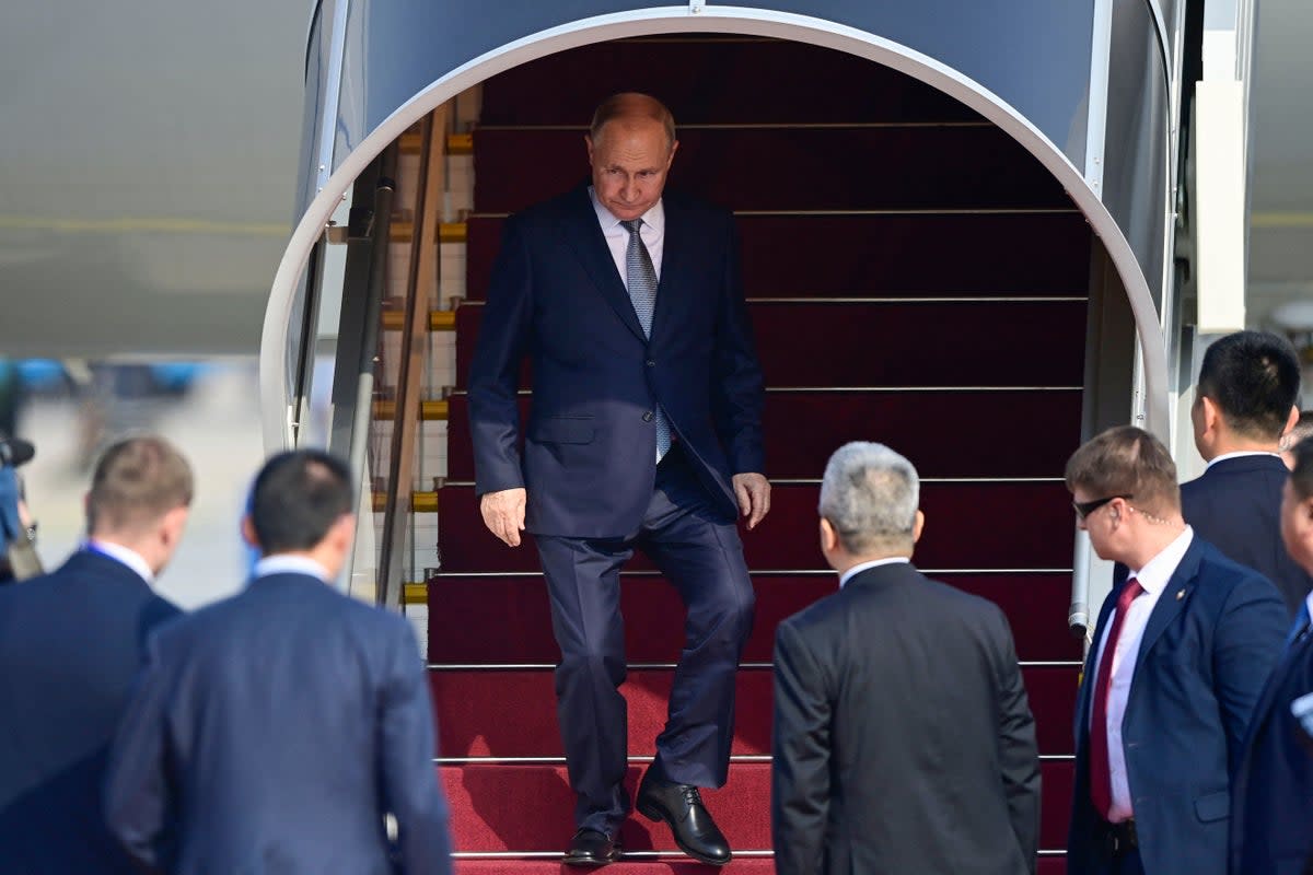 Russia's President Vladimir Putin arrives at Beijing Capital International Airport to attend the Third Belt and Road Forum in Beijing (POOL/AFP via Getty Images)