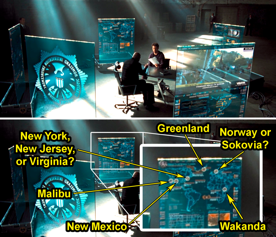 A fuzzy map with circles that's been labeled with Greenland; Norway or Sokovia; Wakanda; New Mexico; Malibu; and New York, New Jersey, or Virginia