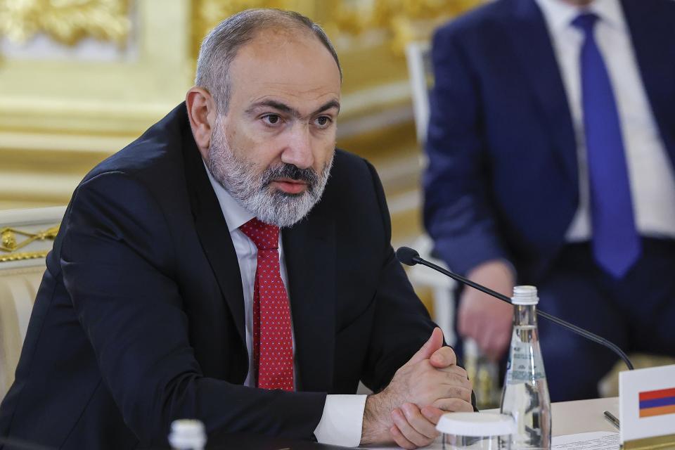 Armenian Prime Minister Nikol Pashinyan speaks at a meeting of the Eurasian Economic Union at the Kremlin in Moscow, Russia, on Wednesday, May 8, 2024. Russian President Vladimir Putin hailed the economic alliance's performance, saying that it helped boost the members' economic potential. (Evgenia Novozhenina/Pool Photo via AP)