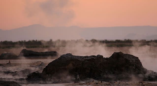 Steam rises from thermal vents that, until recently, were underwater on the floor of the Salton Sea near San Diego, which scientists believe could be a sign a huge earthquake is on the way in California. Source: Getty Images