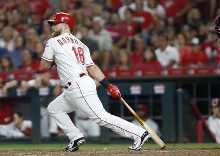 Aug 11, 2018; Cincinnati, OH, USA; Cincinnati Reds pinch hitter Tucker Barnhart (16) hits a two-run double against the Arizona Diamondbacks during the eighth inning at Great American Ball Park. Mandatory Credit: David Kohl-USA TODAY Sports