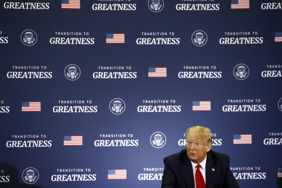 President Donald Trump speaks during a roundtable discussion with commercial fishermen at Bangor International Airport in Bangor, Maine, Friday, June 5, 2020. (AP Photo/Patrick Semansky)