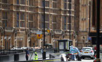 Forensic investigators work at the site after a car crashed outside the Houses of Parliament in Westminster, London. REUTERS/Hannah McKay