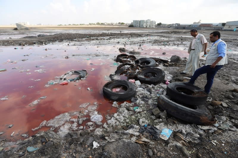 Health workers check stagnant water pools which could server as potential breeding sites of Aedes aegypti mosquitoes, known to spread the dengue fever, in Hodeidah