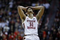 UNLV's Marvin Coleman (31) reacts during the second half of an NCAA college basketball game on Sunday, Jan. 26, 2020, in Las Vegas. (AP Photo/Joe Buglewicz)