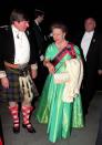 <p>The Princess arrives at Grosvenor House Hotel for the Royal Caledonian Ball in aid of the Royal Caledonian Schools Educational Trust and other Scottish charities. She sports a bright green gown.</p>