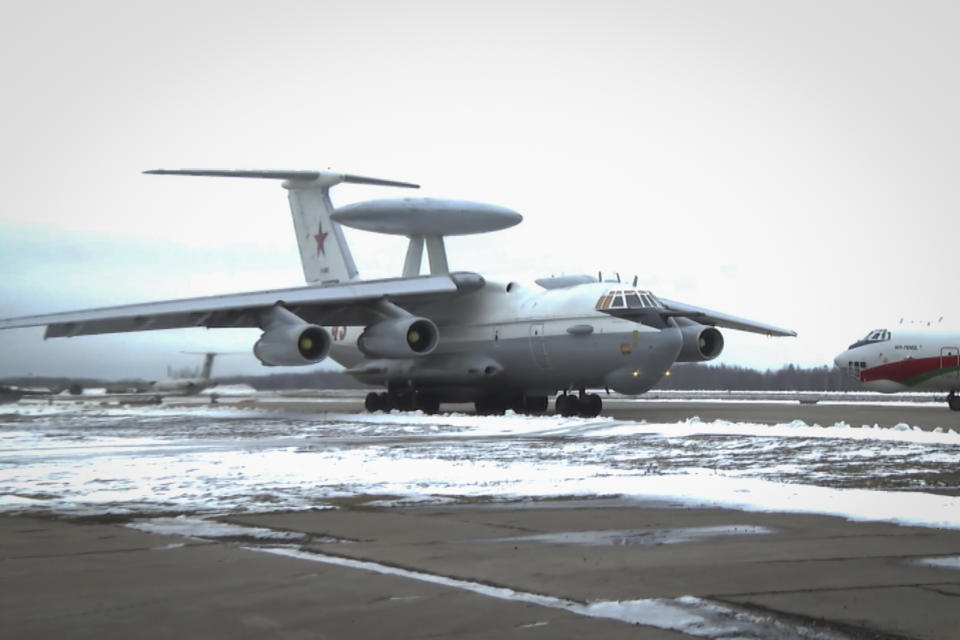 In this file photo made from video provided by the State TV and Radio Company of Belarus on Thursday, March 3, 2023, a Russian Beriev A-50 maneuvres at the Machulishchy Air Base near Minsk. After Russia invaded Ukraine, guerrillas from Belarus began carrying out acts of sabotage on their country's railways, including blowing up track equipment to paralyse the rails that Russian forces used to get troops and weapons into Ukraine. (State TV and Radio Company of Belarus via AP)