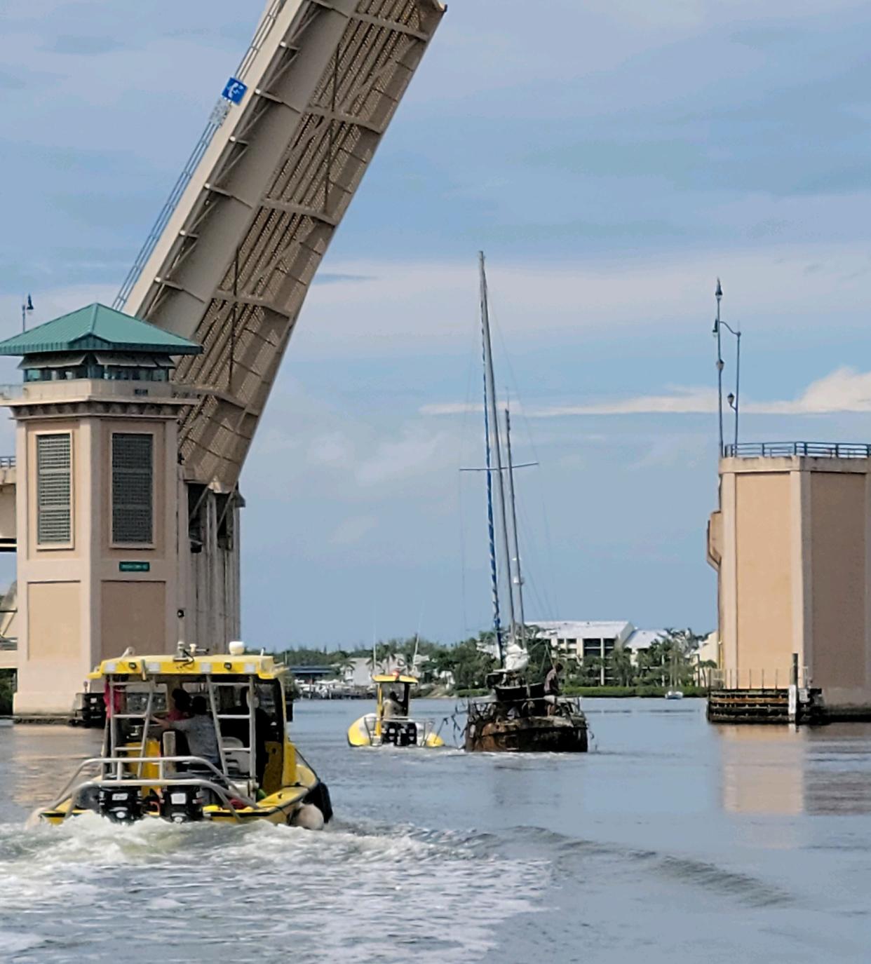 Crews in September 2023 remove the sailboat Blue Moon from the Intracoastal Waterway in Jupiter. The town had received complaints for months about the vessel, which began to take on water in that April and sank to the sea floor in May.