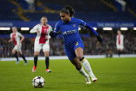 Chelsea's Catarina Macario controls a ball during the Women's Champions League quarterfinal second leg soccer match between Chelsea and Ajax at Stamford Bridge Stadium in London, Wednesday, March 27, 2024. (AP Photo/Kirsty Wigglesworth)