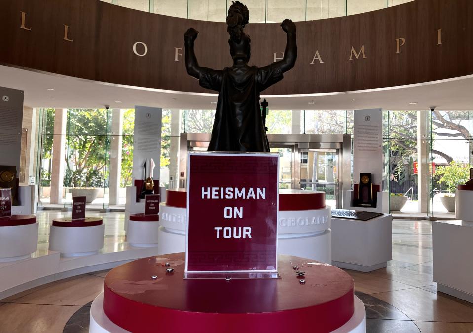 Heisman Trophies are usually displayed in the lobby of Heritage Hall on the campus of the University of Southern California. The trophies, including O.J. Simpson's, are on tour.