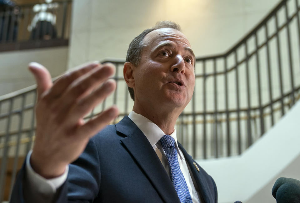 House Intelligence Committee Chairman Adam Schiff, D-Calif., speaks to reporters after the panel met behind closed doors with national intelligence inspector general Michael Atkinson about a whistleblower complaint, at the Capitol in Washington, Thursday, Sept. 19, 2019. (AP Photo/J. Scott Applewhite)