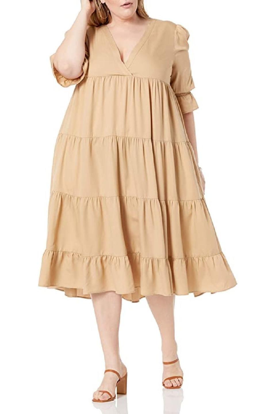 1) Women's Belle Puff-Sleeve V-Neck Tiered Midi Dress