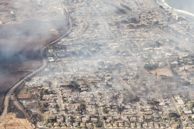 An arial view shows buildings damaged in Lahaina, Hawaii as a result of a large wildfire ravaging the island on Wednesday. Photo courtesy of Carter Barto/EPA-EFE