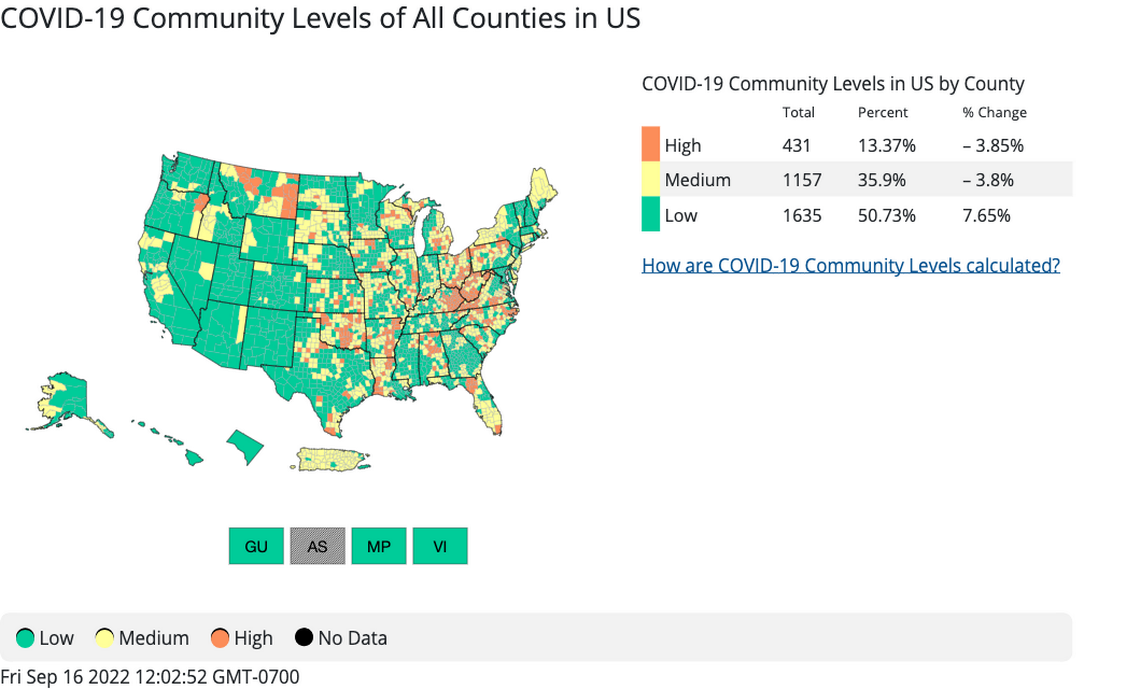 COVID-19 community levels of transmission reported as of Sept. 15.