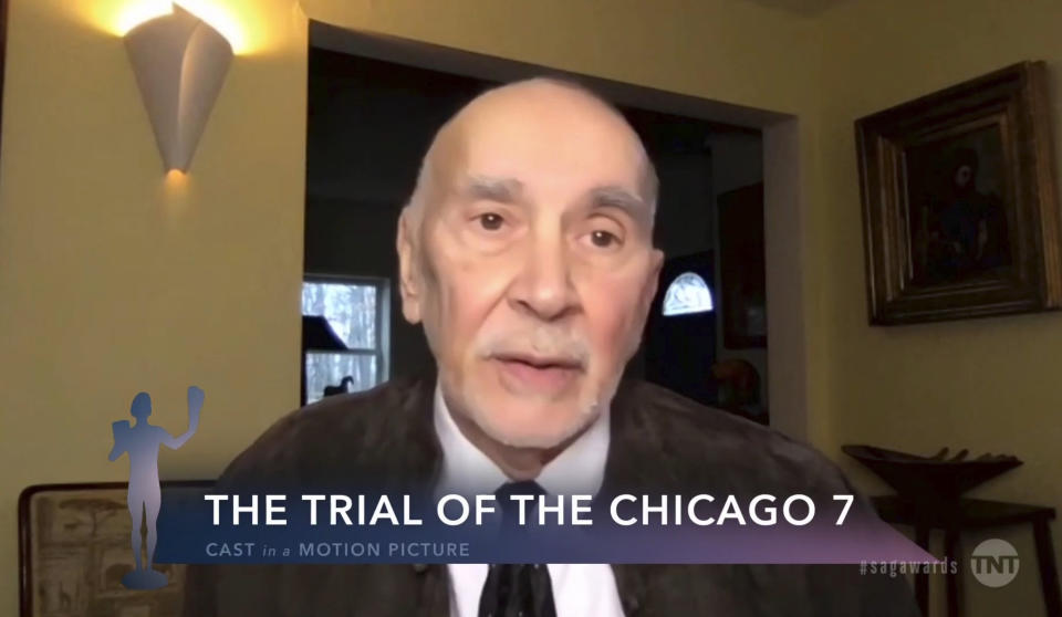 In this video grab provided by the SAG Awards, Frank Langella, a member of the cast of "The Trial of the Chicago 7," accepts the award for outstanding performance by a cast in a motion picture during the 27th annual Screen Actors Guild Awards on April 4, 2021. (SAG Awards via AP)