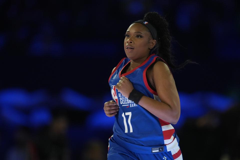 Singer and actress Jennifer Hudson runs down the court during the second half of the NBA basketball All-Star Celebrity Game, Friday, Feb. 16, 2024, in Indianapolis. (AP Photo/Darron Cummings)