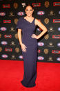 <p>Fox presenter Neroli Meadows arrived in a deep purple Rachel Gilbert dress.<br>Photo: Getty </p>