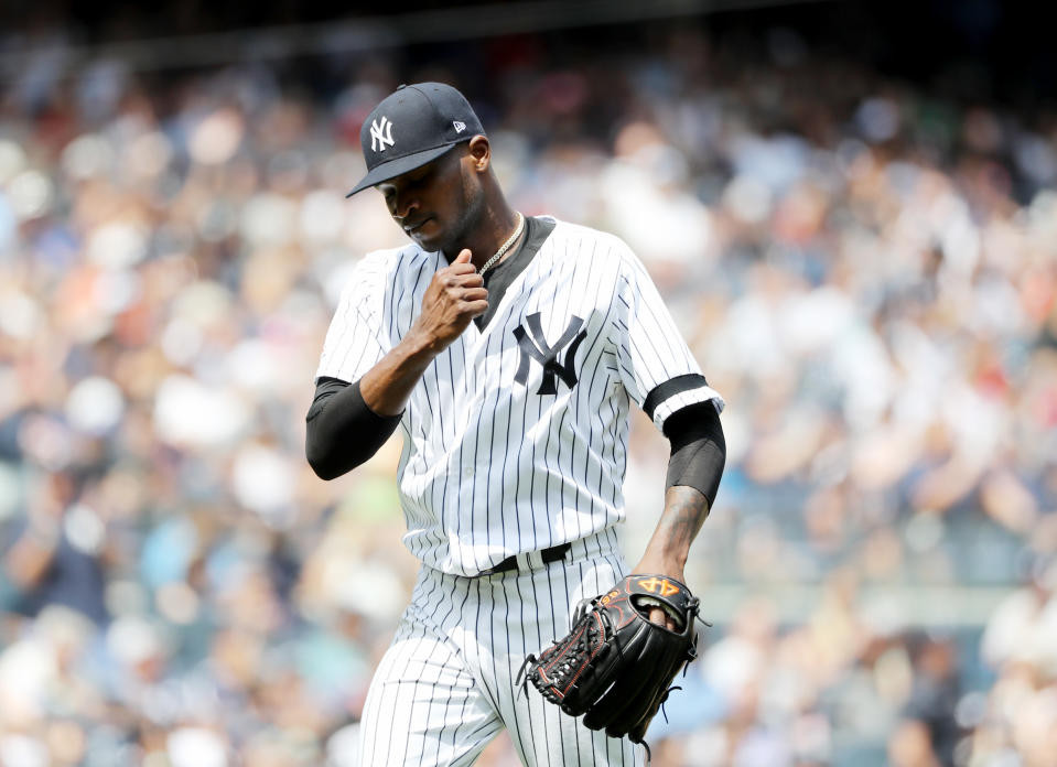 NEW YORK, NEW YORK - AUGUST 03: Domingo German #55 of the New York Yankees celebrates as he walks off the field in the fourth inning against the Boston Red Sox during game one of a double header at Yankee Stadium on August 03, 2019 in the Bronx borough of New York City. (Photo by Elsa/Getty Images)
