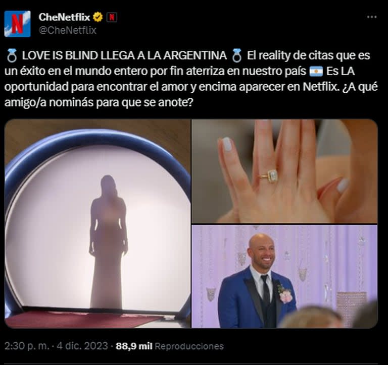 El reality de Netflix de citas a ciegas desembarcará en la Argentina (Foto: X @chenetflix)