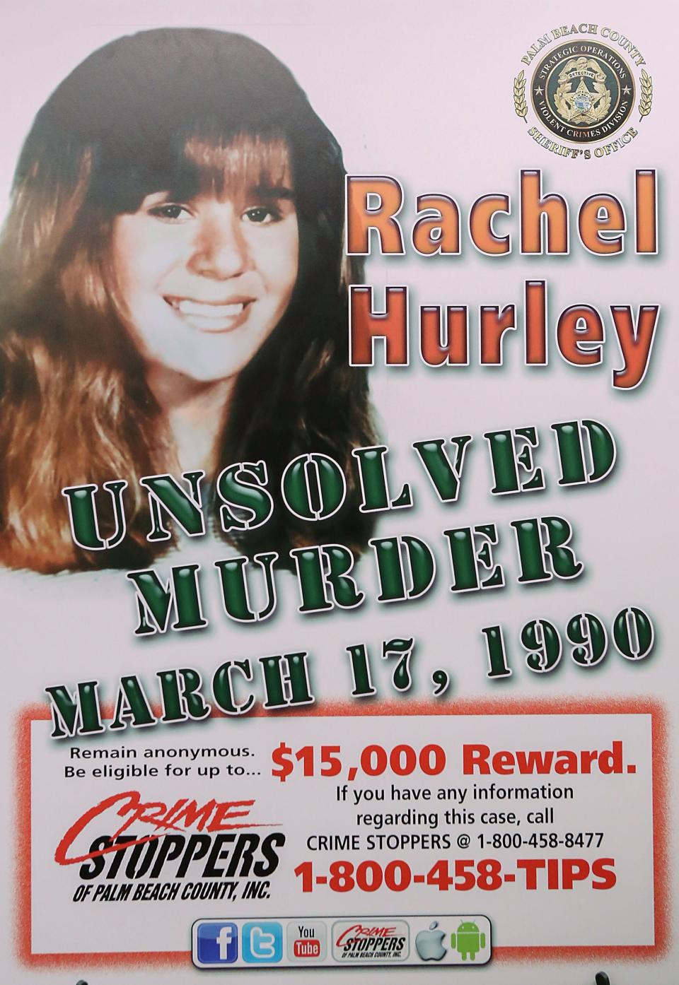 A Crime Stoppers of Palm Beach County sign for the unsolved slaying of Rachel Hurley, a teen found at Carlin Park on March 17, 1990, in Jupiter.