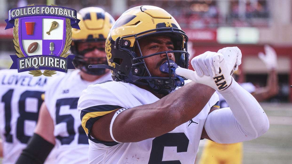 Michigan wide receiver Cornelius Johnson celebrates after scoring a touchdown
Photo by Jeremy Hogan/SOPA Images/LightRocket via Getty Images