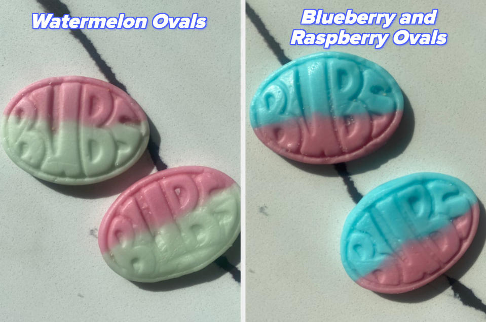 Close-ups of Bubs candies in different color combinations: one in pink and green, and two in a mix of blue and pink