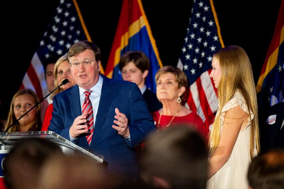 PHOTO: Mississippi incumbent Republican Gov. Tate Reeves and his family speak to supporters during an election night watch party at The Refuge Hotel & Conference Center on Nov. 07, 2023 in Flowood, Miss. (Brandon Bell/Getty Images)