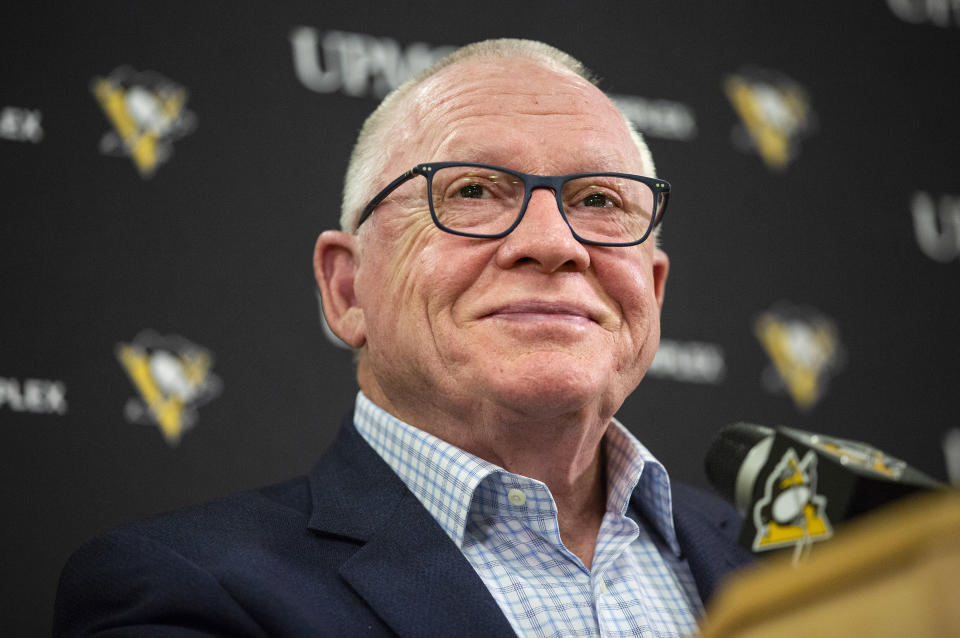 Pittsburgh Penguins general manager Jim Rutherford smiles as he takes questions during a press conference at the UPMC Lemieux Sports Complex in Cranberry, Pa., in this Tuesday, June 25, 2019, photo. Rutherford, a Hockey Hall of Famer who helped lead the team to a pair of Stanley Cup titles, resigned abruptly on Wednesday, Jan. 27, 2021. The 71-year-old cited “personal reasons” in making the decision. (Jessie Wardarski/Pittsburgh Post-Gazette via AP)