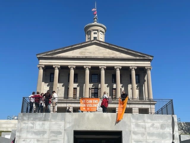 Hundreds gathered on the grounds of the Tennessee State Capitol on Thursday to demand gun reform after a school shooting killed three children and three adults on Monday in Nashville (Sheila Flynn)